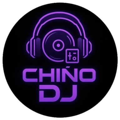 Logotipo de Chino DJ con un diseño en tonos morados y un plato giratorio.