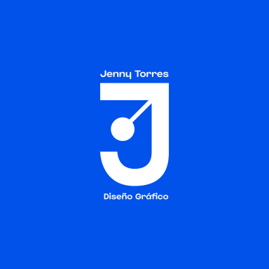 Logo de Jenny Torres, diseño gráfico, con letras J y un elemento gráfico. Fondo azul.